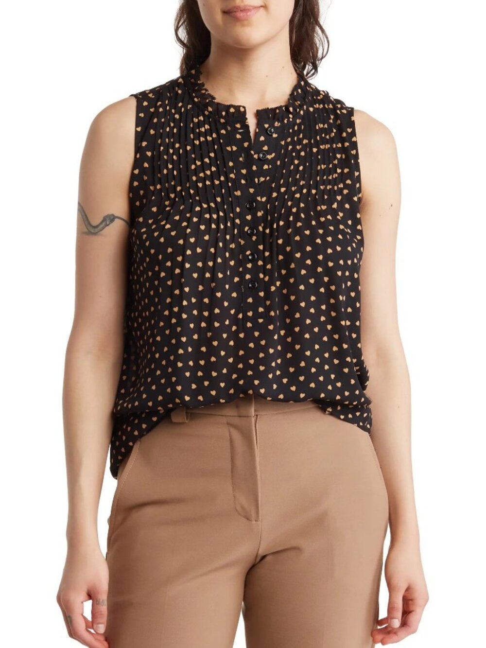 Adrianna Papell Heart Print Black Sleeveless Popover Blouse Size S